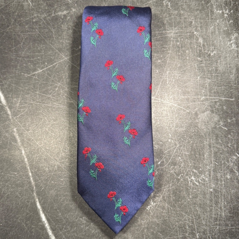 Mens Tie | Thomas Pink | Navy Blue Red Poppy Floral Silk Woven in England